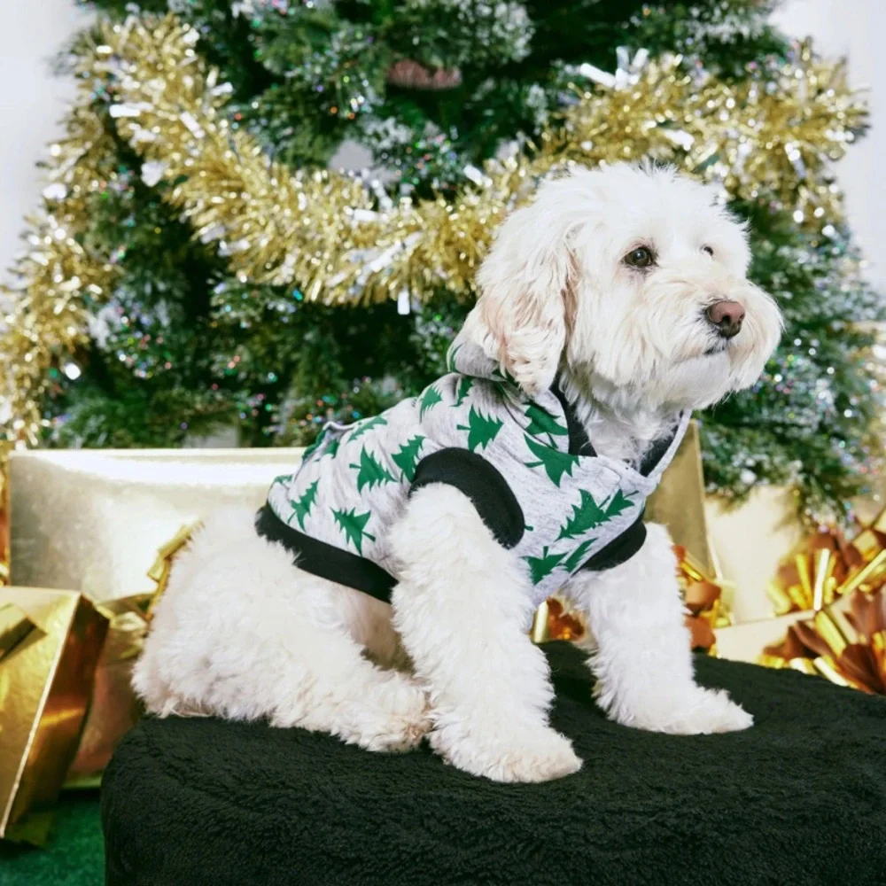 Pup Under the Tree Dog Hoodie Gray/Green Size Large